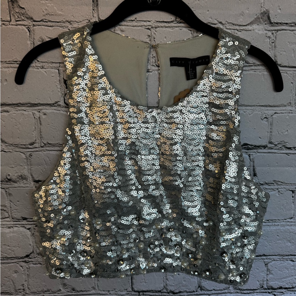 City Studio Sequin and Beaded Crop Blouse